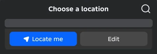 The Choose a location panel in Facebook Marketplace on Android, with a search icon at the top right and two buttons: Locate me and Edit. The map and place name have been removed.
