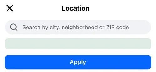 The Marketplace Location screen on iPhone, with a box reading Search by city, neighborhood or ZIP code, and a blue Apply button. The map has been removed.