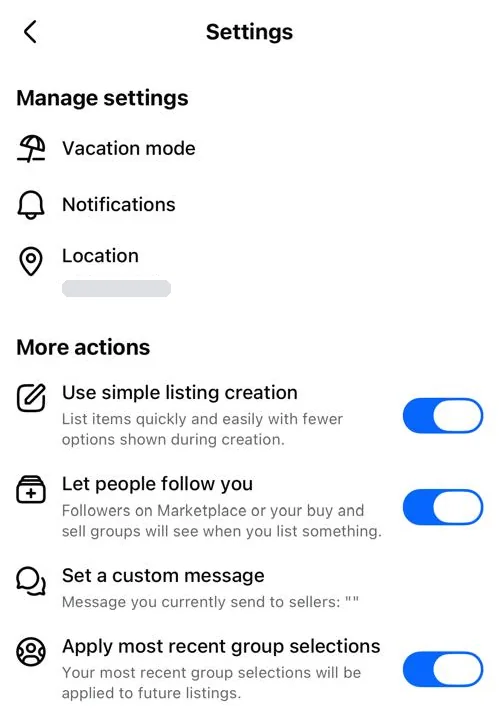 Marketplace Settings on iPhone: Vacation mode, Notifications and Location, then More actions with switches for Use simple listing creation, Let people follow you, Set a custom message, and Apply most recent group selections.