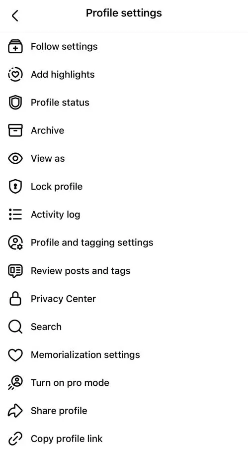 Facebook Profile settings on iPhone: Follow settings, Add highlights, Profile status, Archive, View as, Lock profile, Activity log, Profile and tagging settings, Review posts and tags, Privacy Center, Search, Memorialization settings, Turn on pro mode, Share profile and Copy profile link.