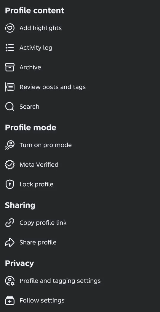 Facebook Profile Settings on Android: Profile content (Add highlights, Activity log, Archive, Review posts and tags, Search), Profile mode (Turn on pro mode, Meta Verified, Lock profile), Sharing, and Privacy.