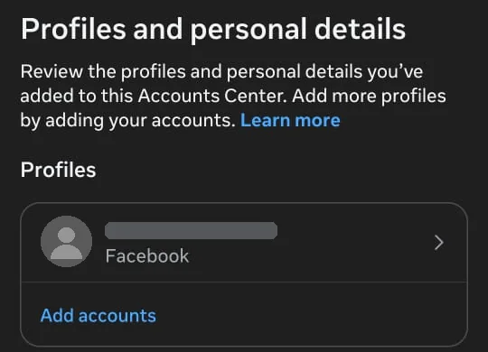 The Profiles and personal details screen in Accounts Center on Android, with a Profiles section listing one Facebook profile and an Add accounts link.