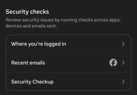 The Security checks section of Password and security on Android, with three options: Where you’re logged in, Recent emails and Security Checkup.